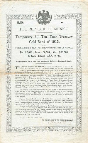 White Dove Republic of Mexico - 1913 dated £2,000 British Pounds Mexican Bond